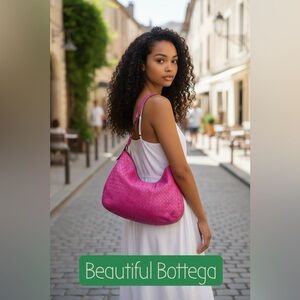 Bottega Veneta Barbie Pink Intreciatto Woven Parachute Leather Shoulder Hobo Bag